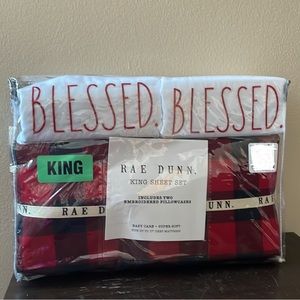 Rae Dunn BLESSED King Sheet Set w Pillow Cases Buffalo Plaid Red Christmas Fall